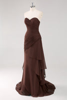Load image into Gallery viewer, Dark Brown Sweetheart Sheath Tiered Long Chiffon Formal Dress