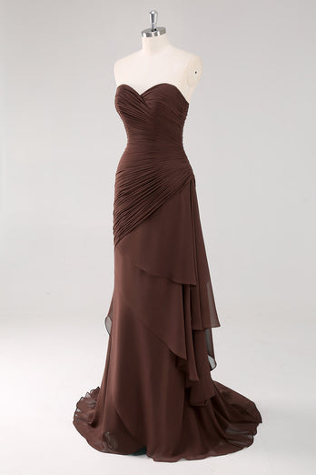 Dark Brown Sweetheart Sheath Tiered Long Chiffon Formal Dress