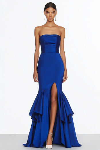 Royal Blue Satin Mermaid Strapless Long Formal Dress with Slit