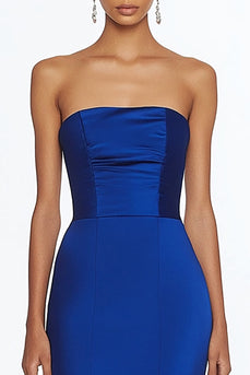 Royal Blue Satin Mermaid Strapless Long Formal Dress with Slit