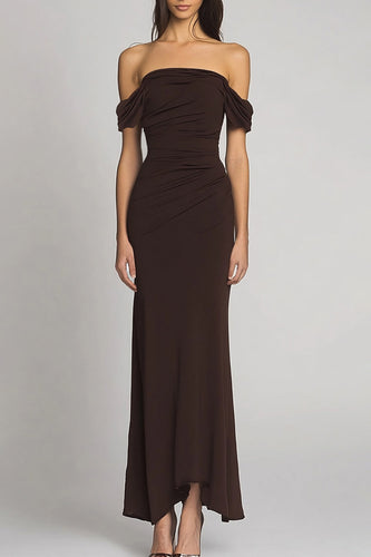 Dark Brown Sheath Off the Shoulder Long Formal Dress