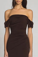 Load image into Gallery viewer, Dark Brown Sheath Off the Shoulder Long Formal Dress