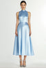 Load image into Gallery viewer, Blue Satin High Neck A Line Long Formal Dress