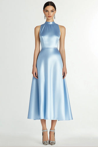 Blue Satin High Neck A Line Long Formal Dress