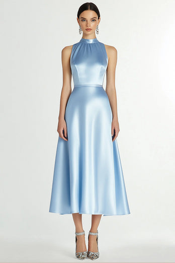 Blue Satin High Neck A Line Long Formal Dress