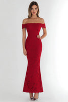 Load image into Gallery viewer, Red Lace Off the Shoulder Mermaid Long Formal Dress