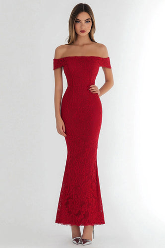 Red Lace Off the Shoulder Mermaid Long Formal Dress