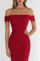 Load image into Gallery viewer, Red Lace Off the Shoulder Mermaid Long Formal Dress