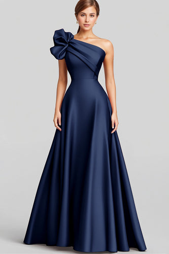 Navy One Shoulder Satin Ruched A Line Long Formal Dress