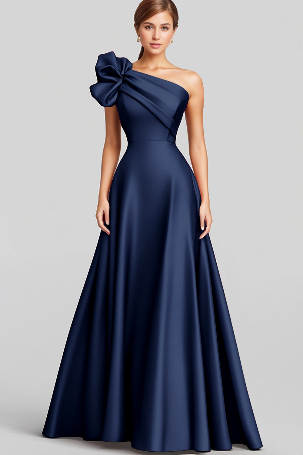 Navy One Shoulder Satin Ruched A Line Long Formal Dress