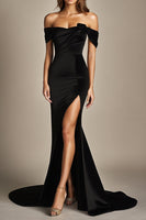 Load image into Gallery viewer, Black Off the Shoulder Satin Mermaid Long Formal Dress with Slit
