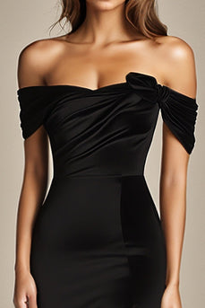 Black Off the Shoulder Satin Mermaid Long Formal Dress with Slit