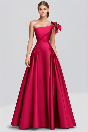 Fuchsia Satin One Shoulder Ball Gown Long Formal Dress