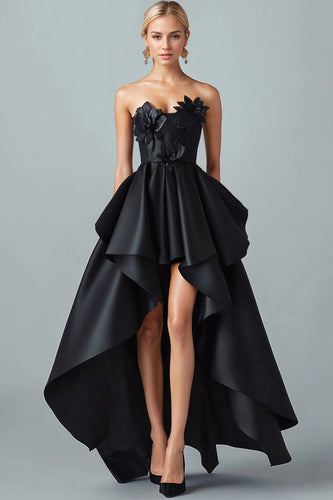 Black Satin Sweetheart High-Low Long Formal Dress with Appliques