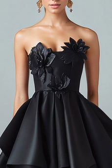 Black Satin Sweetheart High-Low Long Formal Dress with Appliques