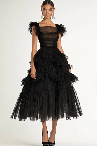 Black Tulle A Line Tiered Long Formal Dress with Cap Sleeves