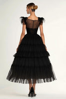 Load image into Gallery viewer, Black Tulle A Line Tiered Long Formal Dress with Cap Sleeves