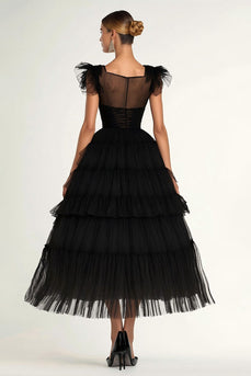 Black Tulle A Line Tiered Long Formal Dress with Cap Sleeves