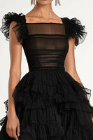 Load image into Gallery viewer, Black Tulle A Line Tiered Long Formal Dress with Cap Sleeves