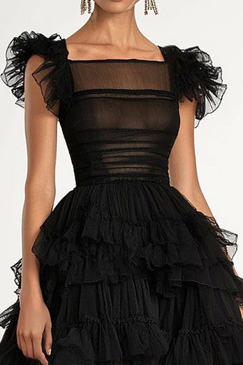 Black Tulle A Line Tiered Long Formal Dress with Cap Sleeves