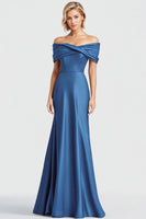 Load image into Gallery viewer, Blue Satin Off the Shoulder Ruched Mermaid Long Formal Dress