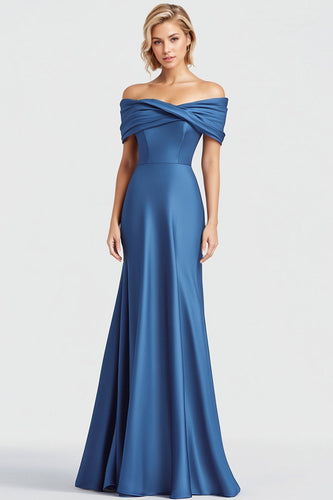 Blue Satin Off the Shoulder Ruched Mermaid Long Formal Dress