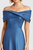 Load image into Gallery viewer, Blue Satin Off the Shoulder Ruched Mermaid Long Formal Dress