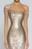 Load image into Gallery viewer, Sparkly Champagne Sequin Mermaid Off the Shoulder Long Formal Dress