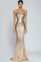 Load image into Gallery viewer, Sparkly Champagne Sequin Mermaid Off the Shoulder Long Formal Dress