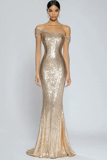 Sparkly Champagne Sequin Mermaid Off the Shoulder Long Formal Dress
