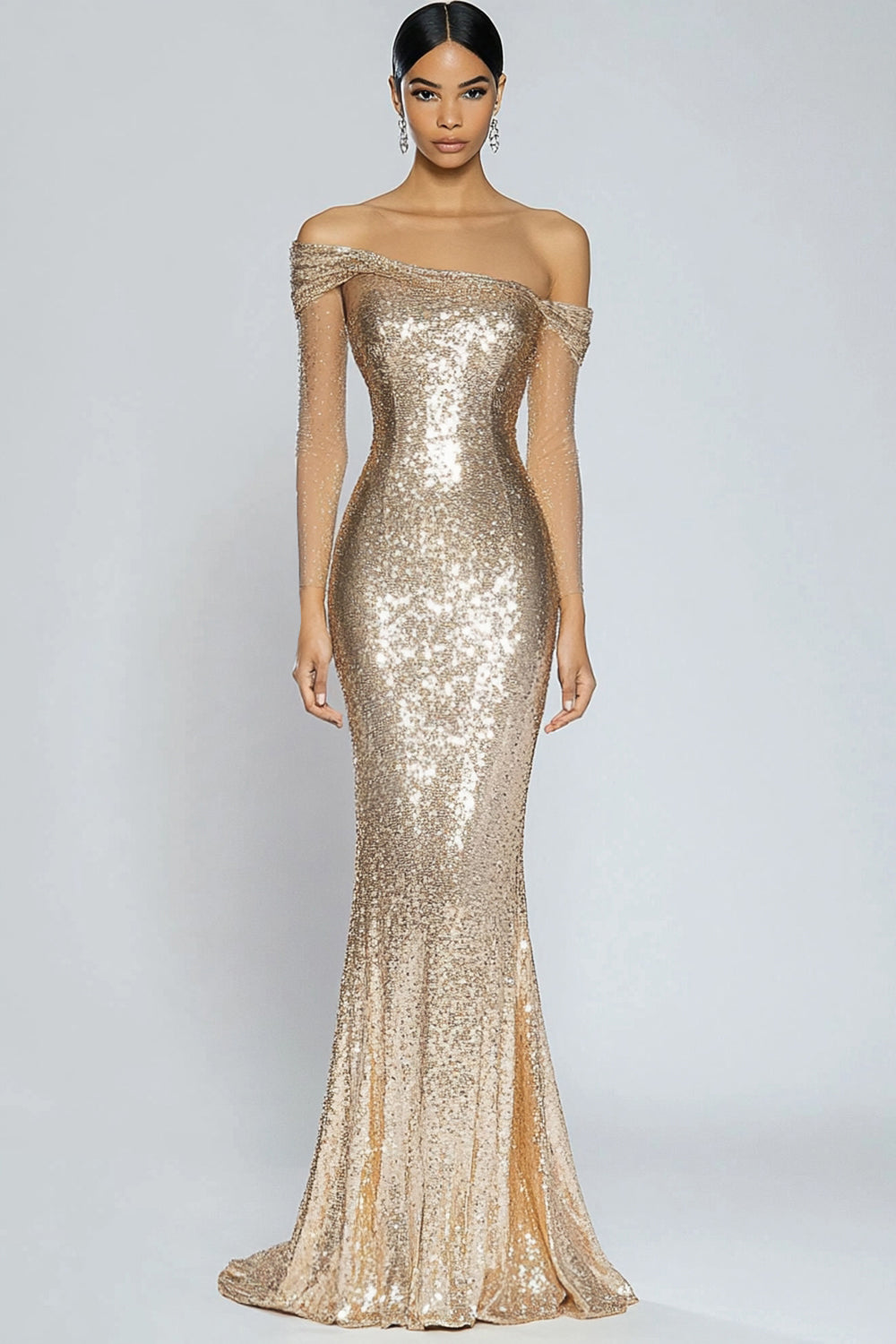 Sparkly Champagne Sequin Mermaid Off the Shoulder Long Formal Dress
