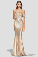 Load image into Gallery viewer, Sparkly Champagne Off Shoulder Sequin Mermaid Formal Dress