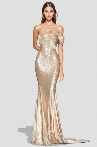 Sparkly Champagne Off Shoulder Sequin Mermaid Formal Dress