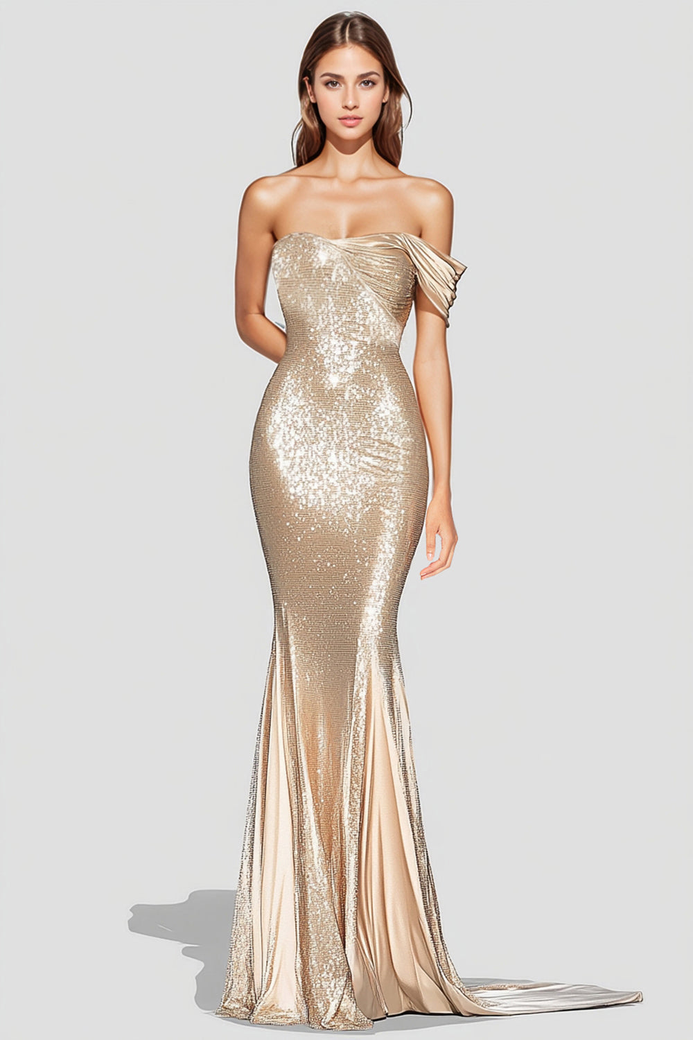 Sparkly Champagne Off Shoulder Sequin Mermaid Formal Dress