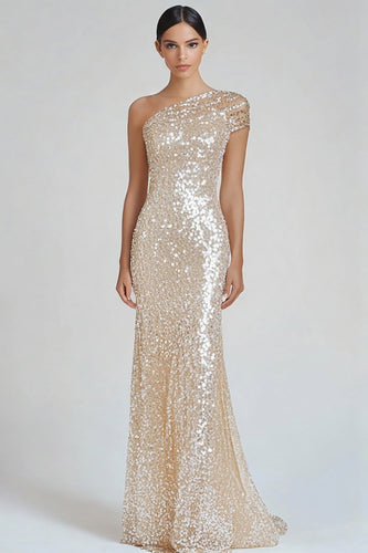 Zapaka Women Sparkly Champagne Formal Dress Mermaid One Shoulder Party Dress with Sequins