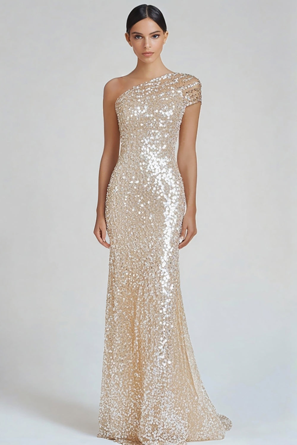 Zapaka Women Sparkly Champagne Formal Dress Mermaid One Shoulder Party Dress with Sequins