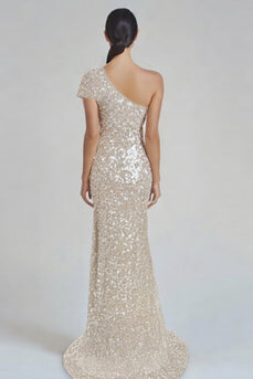 Sparkly Champagne Sequin Mermaid One Shoulder Formal Dress
