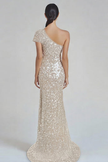 Sparkly Champagne Sequin Mermaid One Shoulder Formal Dress