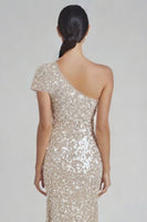 Load image into Gallery viewer, Sparkly Champagne Sequin Mermaid One Shoulder Formal Dress