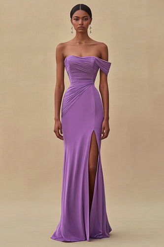 Purple Chiffon Ruched Off the Shoulder Long Formal Dress with Slit