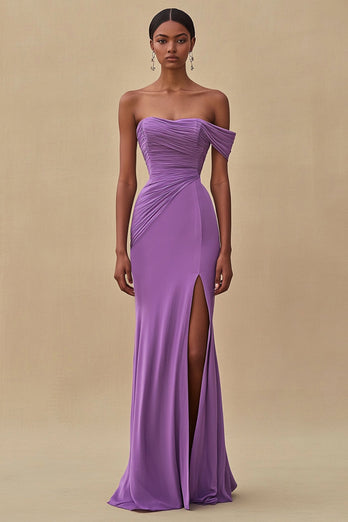 Purple Chiffon Ruched Off the Shoulder Long Formal Dress with Slit