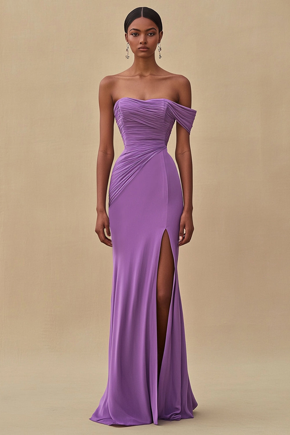 Purple Chiffon Ruched Off the Shoulder Long Formal Dress with Slit