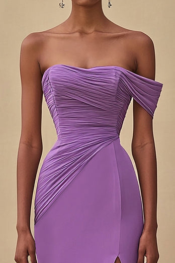 Purple Chiffon Ruched Off the Shoulder Long Formal Dress with Slit