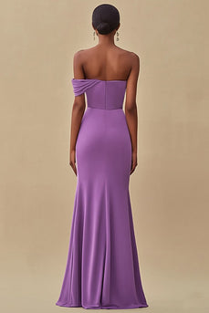 Purple Chiffon Ruched Off the Shoulder Long Formal Dress with Slit