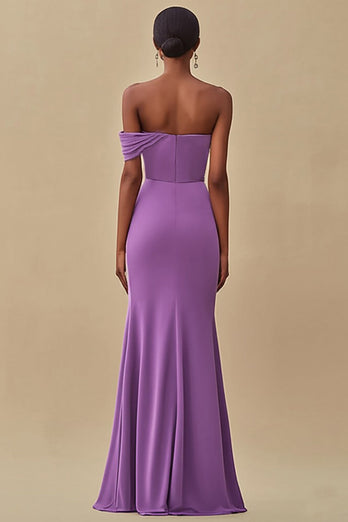 Purple Chiffon Ruched Off the Shoulder Long Formal Dress with Slit