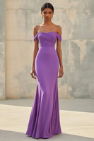 Load image into Gallery viewer, Purple Off the Shoulder Mermaid Ruched Long Formal Dress