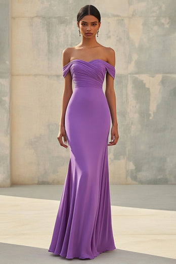 Purple Off the Shoulder Mermaid Ruched Long Formal Dress
