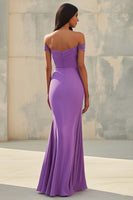 Load image into Gallery viewer, Purple Off the Shoulder Mermaid Ruched Long Formal Dress