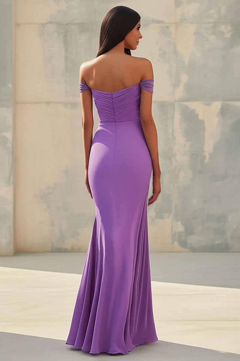 Load image into Gallery viewer, Purple Off the Shoulder Mermaid Ruched Long Formal Dress