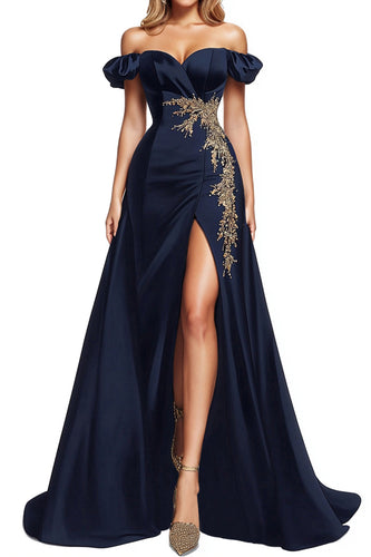 Navy Blue Off the Shoulder Satin A Line Formal Dress with Slit
